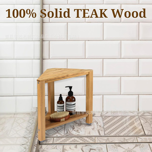 Étagère d'angle de salle de bain en bois massif, tabouret de douche triangulaire à deux niveaux, support de rangement étanche 38x36cm - Product Image 5