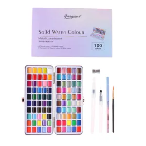 Großhandel anfänger aquarell material-New Glitter Metallic Watercolor Paint Set von 50 72 90 100 Tin Box mit Water Brush und Nylon Hair Brush für Beginners