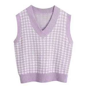 Hot Selling Korean V Neck Sleeveless Autumn Winter Jumper Knitted Pullover Loose Tops Women Houndstooth Winter Vest Sweater