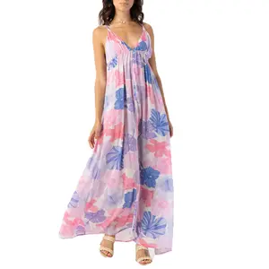 2023 नई ग्रीष्मकालीन थोक आधुनिक स्टाइलिश महिला सेक्सी कपड़े देवियों पुष्प प्रिंट लांग मैक्सी ड्रेस