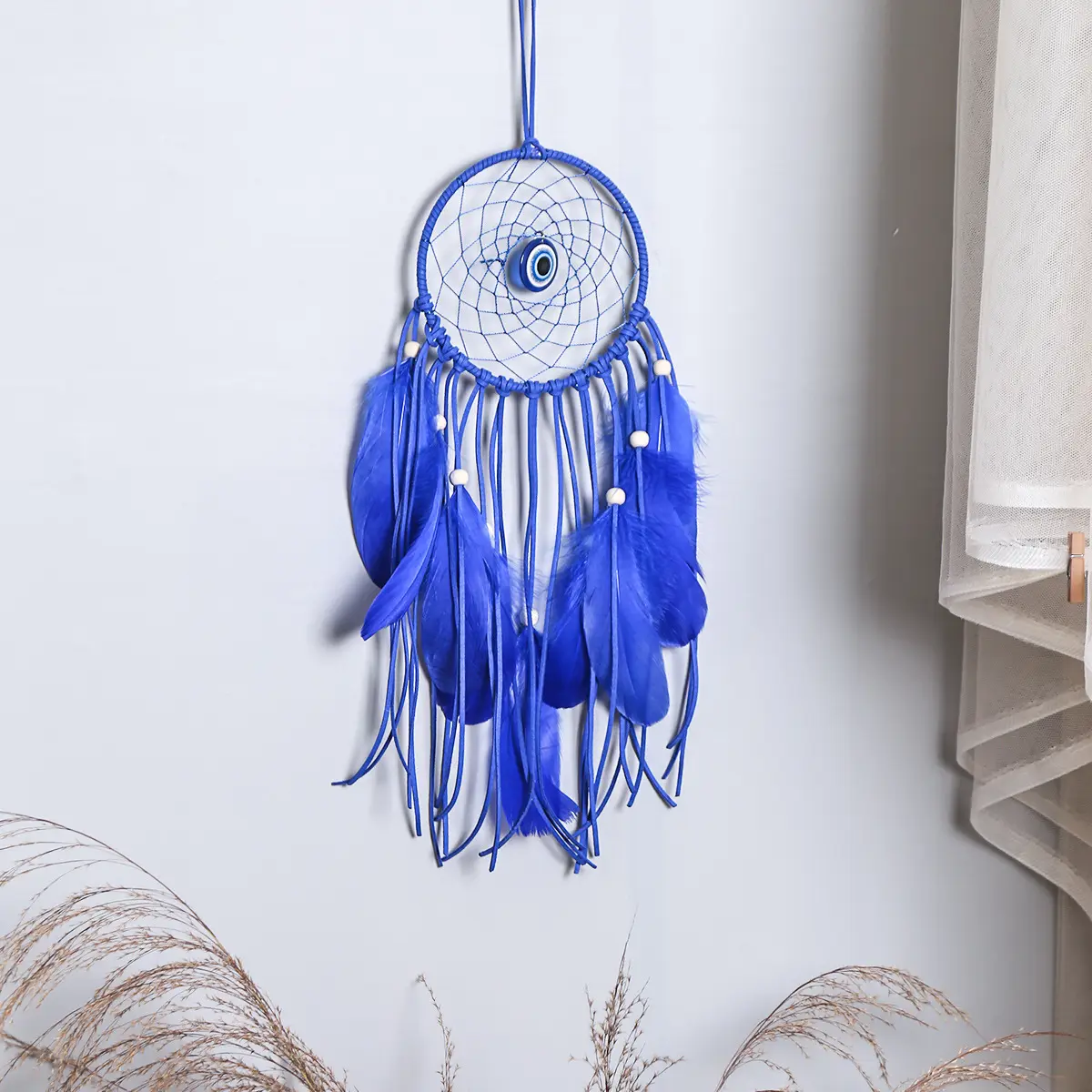 Handmade Macrame Blue Dreamcatcher Wall Charm Feather Evil Eye Dream Catcher for Wall Decor Home Offices Living Spaces