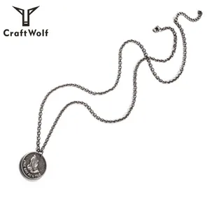 Craft Wolf Fashion Jewelry Bronze Vintage Silver Women Men Stainless Steel Embossed Coin Chain Necklace