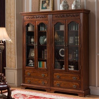 Bibliothèque d'angle en bois massif de style américain antique MINIS avec double porte vitrée pour bureau à domicile, sans assemblage