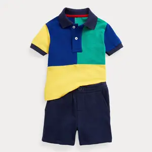 Private label brand cotton pique kid baby's cotton clothing sets boy contrast color summer clothing sets in shorts