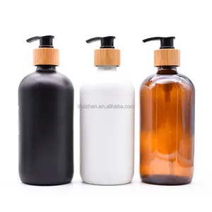 16oz 500ml hổ phách Frosted Glass bơm chai lotion với nắp tre cho dầu gội đầu