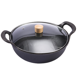 กระทะเหล็กหล่อพร้อมฝาแก้ว 38 ซม. ด้ามจับคู่ ไม่เคลือบสารเคมี หม้อตุ๋นสำหรับทำอาหาร - Product Image 1