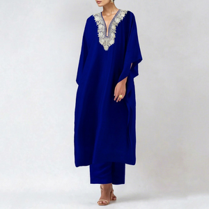Hot Sale Beautiful Dubai Embroidery Breathable <b>Kaftan</b> Women V Neck Handmade Traditional Islamic Floor Length Polyester Clothing - Product Image 1