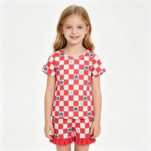 En stock: Conjunto de ropa para niñas con estampado de estrellas a cuadros para el 4 de julio, atuendo infantil al por mayor, ropa linda de moda nueva para bebés y niños pequeños de fábrica. - Product Image 2