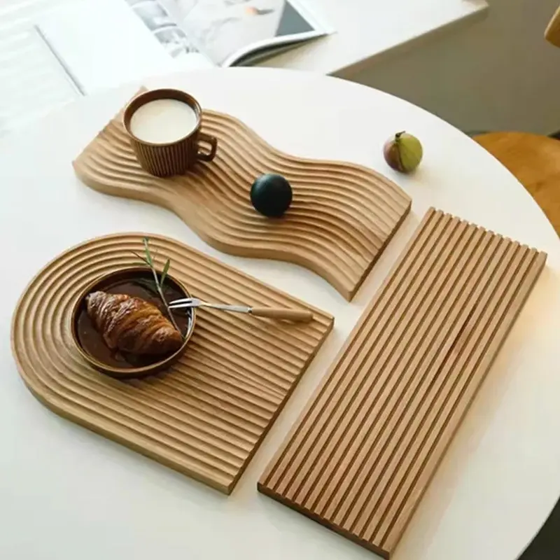 Custom Nordic Stijl Water Rimpel Beuken Houten Koffie Thee Brood Dienblad Eten Diner Serveren Dienbladen Decoratieve Planken