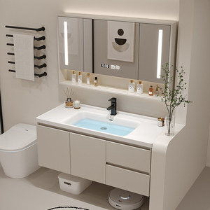 Wall <b>mounted</b> bathroom vanity <b>with</b> integrated sink bathroom cabinet <b>with</b> led mirror and side glass storage cabinet - Product Image 4