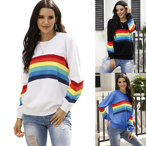 Custom Ladies Knitted Sweaters Long Sleeve <strong>Rainbow</strong> <strong>Tops</strong> Winter Stripe Patchwork Pullover Sweater for Women - Product Image 1