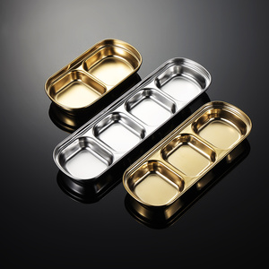 Venta al por mayor de platos para servir cena de acero inoxidable con <span class=keywords><strong>3</strong></span> compartimentos dorados plateados coreanos Mini platos para condimentos de Sushi 3028001 - Product Image 1