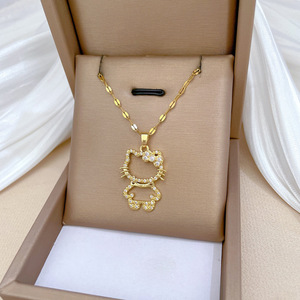 Collier pendentif Hello Kitty plaqué or et argent pour femme, avec zircone cubique <span class=keywords><strong>brillante</strong></span>, en acier inoxydable ajouré, chaîne de clavicule motif dessin animé - Product Image 4