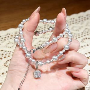 Manta Rose Pearl Necklace AAA Grade White Pearls Sugar Cube Pendant Elegant Daily Wear Collarbone Chain - Product Image 4