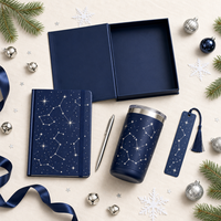 Carnet à couverture rigide personnalisé A5 en papier 100/120 g/m² avec motif Constellation Argent Marine, reliure cousue, impression numérique, stylo, gobelet et boîte rigide