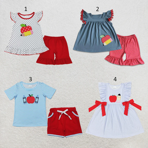เสื้อผ้าเด็กผู้หญิง china-wholesale-clothing ชุดเสื้อผ้าเด็กพิมพ์ลายแอปเปิ้ลเพนซิลสำหรับกลับไปโรงเรียน เสื้อ กางเกงขาสั้น ชุดเสื้อผ้าสำหรับเด็กผู้หญิง - Product Image 1