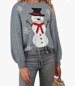 <span class=keywords><strong>Pull</strong></span> de Noël personnalisé pour <span class=keywords><strong>femme</strong></span>, 100 % coton tricoté, gris, avec bonhomme de neige et flocons de neige, manches longues, pour fête de Noël, doux et confortable - Product Image 1