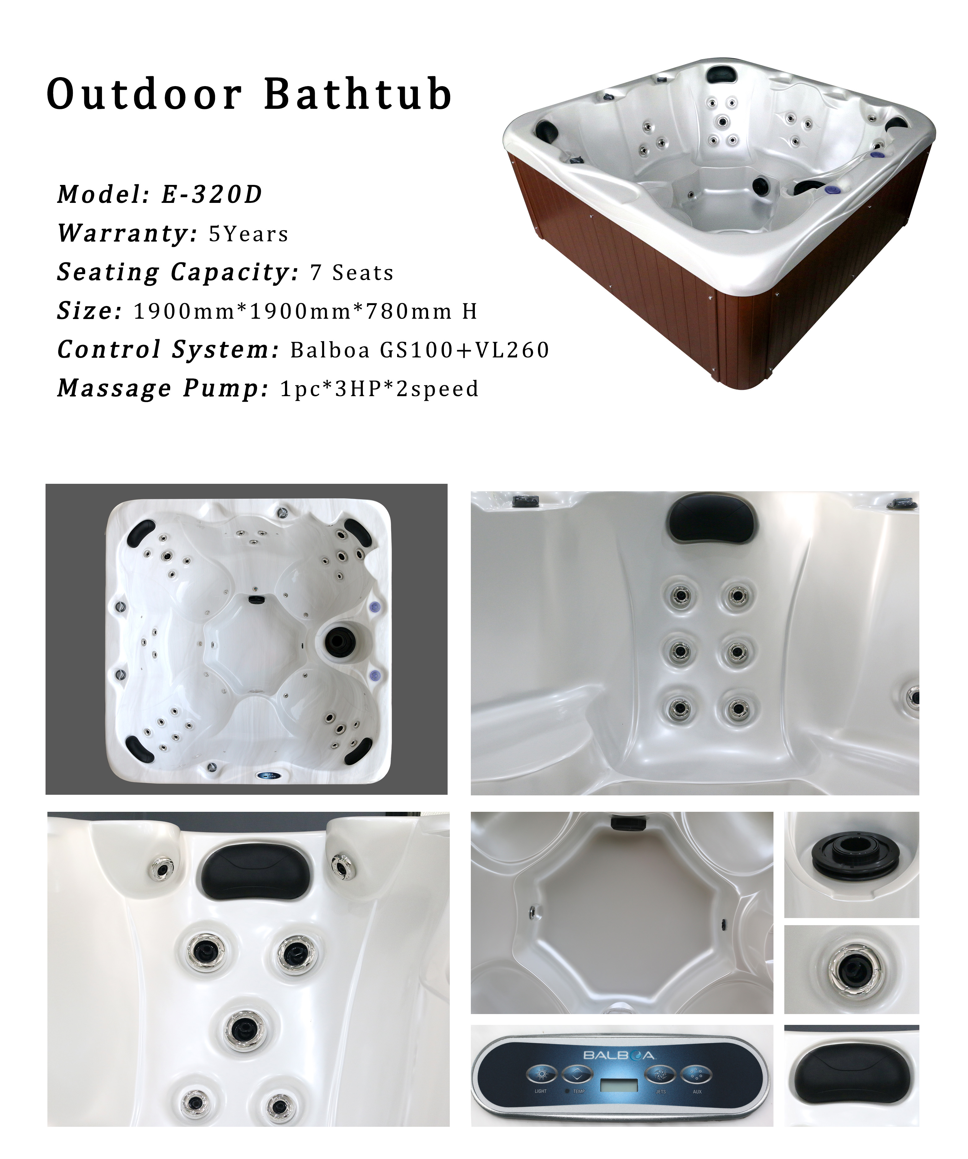 Outdoor Air Jets Massage Hot Tub Whirlpool Bathtub For 6-7 People