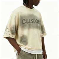 T-shirts Rétro Vieillis Effet Pulvérisé en Gros 100% Coton, T-shirt Homme Col Rond Épaules Tombantes Personnalisable avec Strass