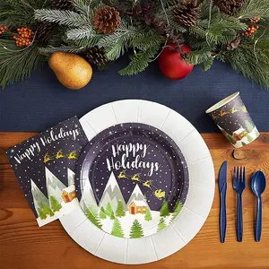 Perlengkapan pesta Natal set peralatan makan Selamat Natal dengan desain kepingan salju piring kertas sekali pakai