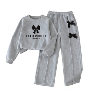 Ensemble 2 pièces chaud <span class=keywords><strong>pour</strong></span> enfant : Sweat-shirt graphique à lettres et nœud et pantalon large <span class=keywords><strong>pour</strong></span> fille, 8-12 ans, gris - Product Image 4