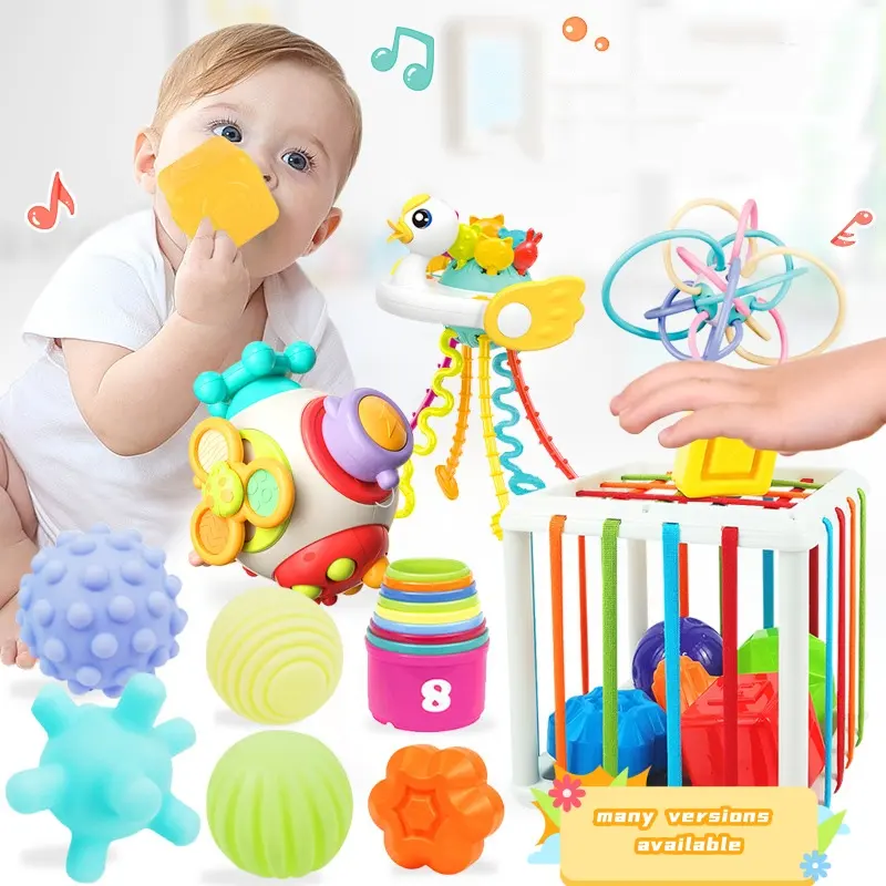 Juguetes Montessori para 1 año de edad, juguetes sensoriales para bebés, juego de juguetes de actividad de cuerda de silicona con forma de Color de clasificación apilable