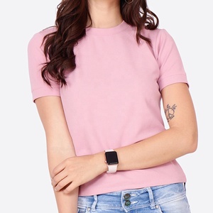 เสื้อยืดคอกลมแขนสั้นสีชมพูสำหรับผู้หญิงรุ่นใหม่ ผ้าฝ้ายเจอร์ซีย์ 100% สวมใส่สบาย สีพื้น ระบายอากาศได้ดี เหมาะสำหรับฤดูใบไม้ผลิและฤดูร้อน - Product Image 1