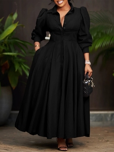 Abito Elegante da Donna Taglie Forti con Colletto a Camicia, Vita Alta, Vestibilità Aderente, Maniche Larghe e Tinta Unita, Stile Raffinato - Product Image 3