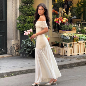 Của phụ nữ lãng mạn sang trọng màu be satin giống như off-vai Ruched Ngắn Tay Áo Bodycon nàng tiên cá maxi dịp đặc biệt Ăn mặc - Product Image 1