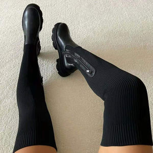 Haute qualité mode hiver couleur Pure cuir tricoté sur le genou talon haut femmes bottes hautes jambes chaussures femmes bottes longues - Product Image 1