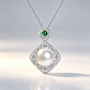 FYXL1246Classic 925 Silver Pendant Necklace With Freshwater Pearl And Green Gemstone Geometric Design Rhodium Plated Women's Eve - Product Image 1