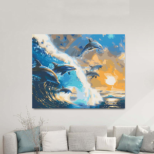 Peinture par numéros DIY : un groupe de baleines bleues sautant sur la surface de la mer, une œuvre d'art peinte à la main, parfaite pour la décoration de la maison - Product Image 2