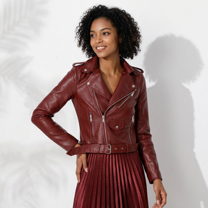 Manteau en similicuir bordeaux à revers et ceinture pour femme, fermeture éclair asymétrique, manches longues, vêtement d'extérieur d'hiver, chic et vintage - Product Image 4