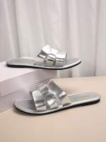 Sandales plates à découpes en argent métallisé pour femmes, style décontracté d'été, tongs de plage, logo personnalisé disponible