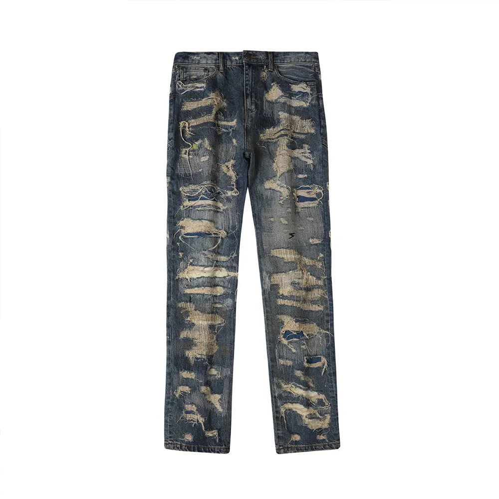 LILUO Men customize LOGO wash distressed denim skinny fit jeans men's Vintage jeans ripped denim pants