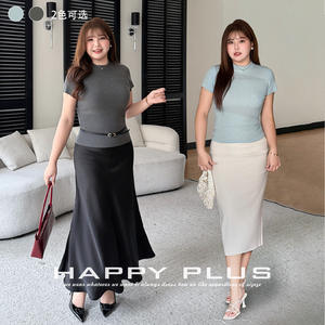 Pull en maille Happy Plus à col roulé, coupe ajustée, grande taille, style printemps, gris et bleu clair, couleur unie, polyester, pour femme - Product Image 3