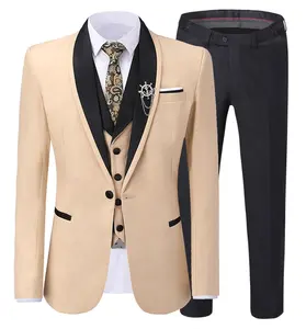 2021最新米色休闲男士3件奢华时尚新款男士套装修身 (西装外套 + 裤子 + 背心) 婚礼Terno massculino