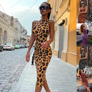 Summer 2024 sexy slim backless sleeveless dress tight midi leopard print dress