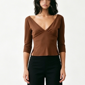 Blusa Ajustada de <span class=keywords><strong>Mujer</strong></span> con Escote Profundo en V, Espalda Descubierta, Manga 3/4, Busto Fruncido y Aberturas Laterales - Estilo Sehe Fashion - Product Image 4