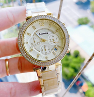 MKOriginals Montre pour femme en or rose et diamants, bracelet en acier inoxydable rose, chronographe à quartz