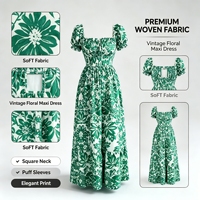 Nouvelle Robe Longue Florale Femme 2026 à Col Carré, Manches Bouffantes, Taille Smockée, Silhouette Évasée, Robe d'Été Bohème Chic ODMOEM