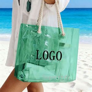 Sac fourre-tout en plastique transparent avec logo personnalisé et poignées en corde, sac de plage, sac à main, sacs fourre-tout en PVC transparent - Product Image 5