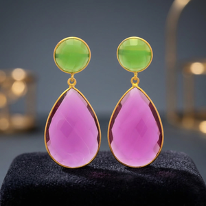Ensemble de boucles d'oreilles en laiton plaqué or 18 carats avec double rubis violet et vert, magnifiques boucles d'oreilles pour femmes et filles - Product Image 3