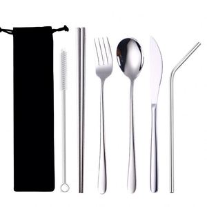Light Luxury Stainless Steel Silverware Flatware 5pcs Portable Spoon Forktravel Gold Cutlery Dinnerware Set With Storage Bag - Product Image 1