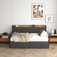 Lit de Jour Double Rustique avec Tiroirs de Rangement, Station de Recharge, Cadre de Lit en Métal Robuste, Tête de Lit Rembourrée, Utilisation en Chambre à Coucher, ODM/OEM Disponible