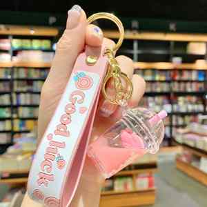 Creative Fruit Strawberry Pineapple Milk Tea <b>Cup</b> Key Chain Floating Sand Oil in Pendant Car Key Chain Bag Pendant - Product Image 3
