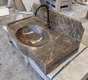 Lavabo de salle de bain en marbre Emperador brun de luxe, durable, écologique, avec crédence intégrée, fait main, naturel - Product Image 1
