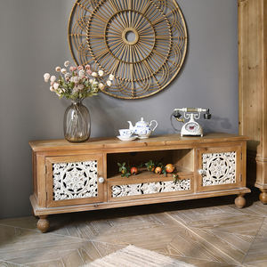 Meuble TV rustique vintage en bois sculpté de 70 pouces, style ferme, fait main, pour salon, unité de rangement - Product Image 3