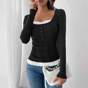 2025 Transfronterizo Europa América, Blusa de Punto con Cuello Cuadrado, Encaje, Cierre de Botón, Corte Ajustado y Manga Larga - Product Image 5