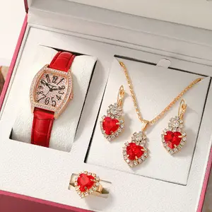 4pc Women Quartz Watch Jewelry Set Fashion Casual Round Pointer Wristwatch heart Necklace Earrings Ring Set Gift